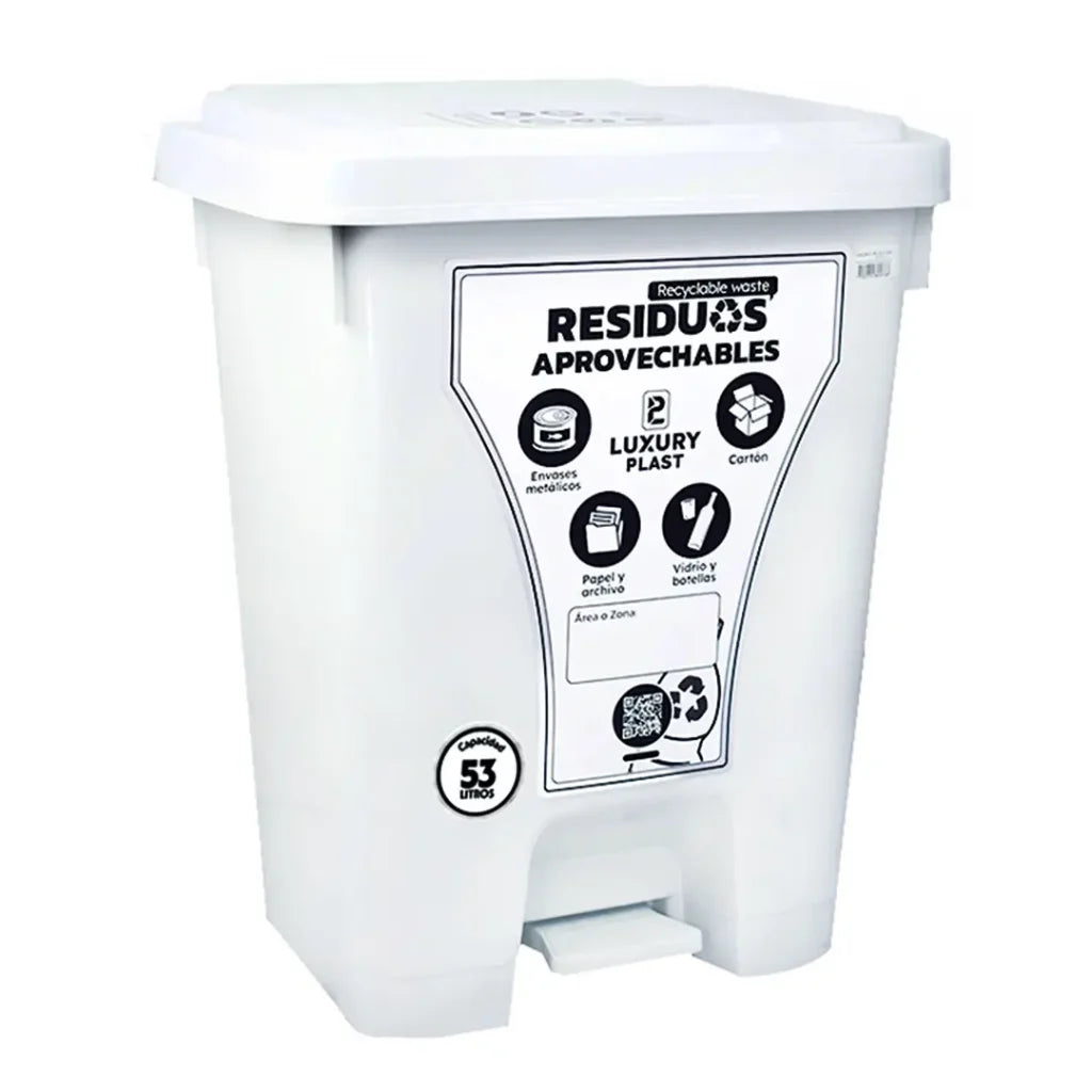 Caneca de basura Luxury Plast de 53 litros Blanco con pedal, diseño cuadrado para empresas e instituciones.
