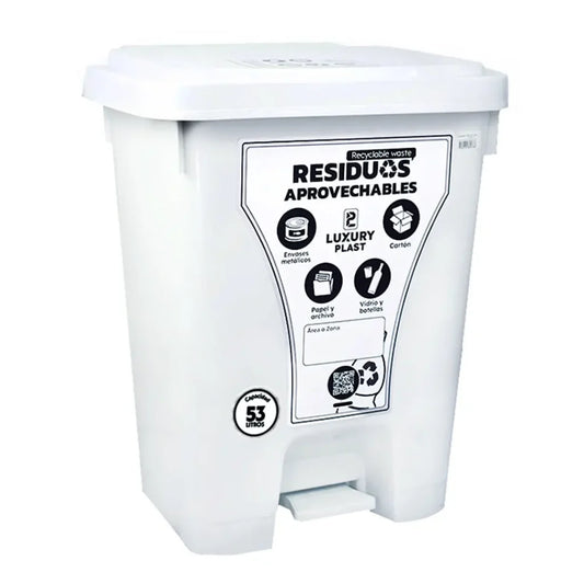 Caneca de basura Luxury Plast de 53 litros Blanco con pedal, diseño cuadrado para empresas e instituciones.