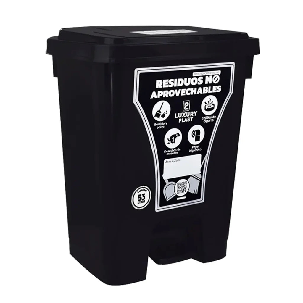 Caneca de basura Luxury Plast de 53 litros negro con pedal, diseño cuadrado para empresas e instituciones.