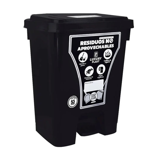 Caneca de basura Luxury Plast de 53 litros negro con pedal, diseño cuadrado para empresas e instituciones.