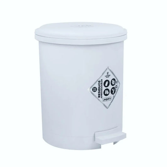 Caneca de basura Luxury Plast blanca de 13 litros con tapa y pedal, diseño redondo.