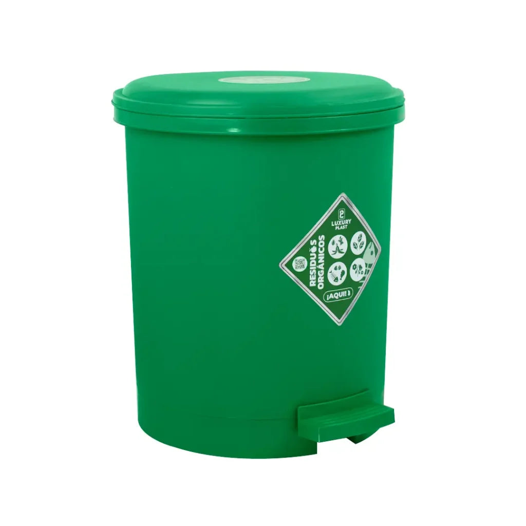 Caneca de basura Luxury Plast Verde de 13 litros con tapa y pedal, diseño redondo.