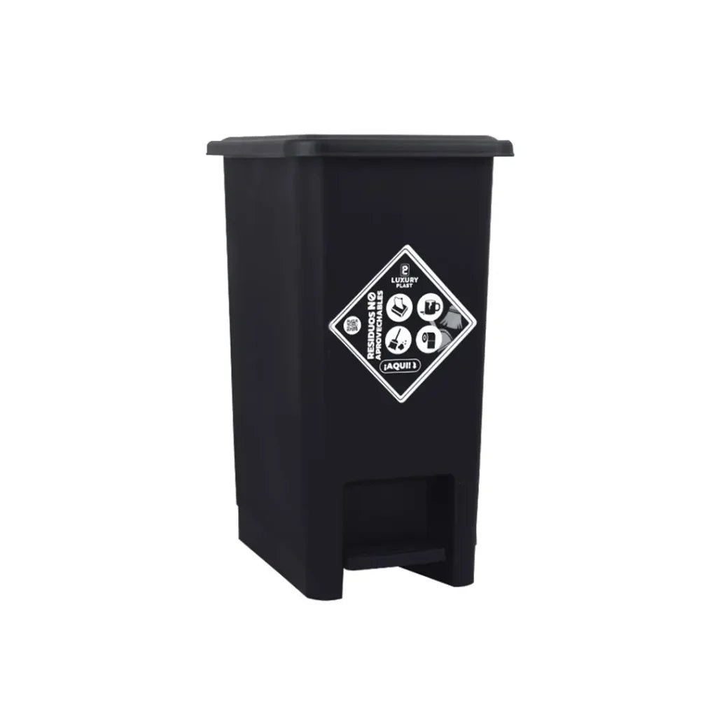 Caneca de basura Luxury Plast negro de 12 litros con tapa y pedal, diseño cuadrado.