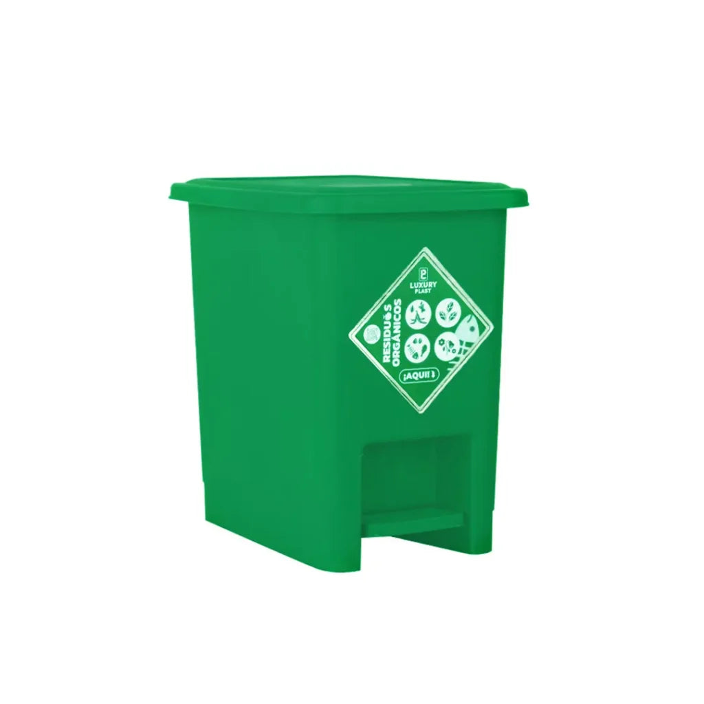 Caneca de basura Luxury Plast de 8 litros Verde con tapa y pedal, diseño cuadrado compacto.