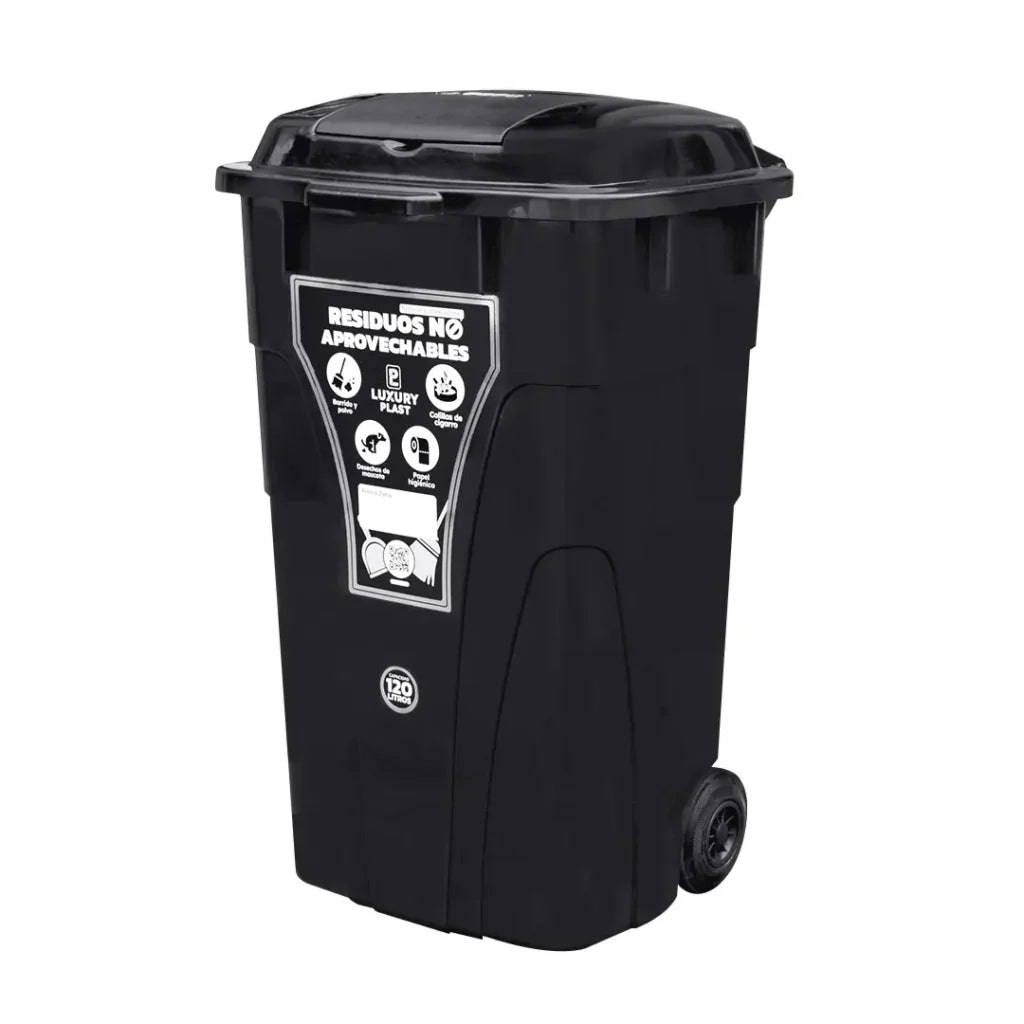 Contenedor de basura Luxury Plast Negro de 120 litros con ruedas, doble tapa y etiqueta de riesgo biológico.