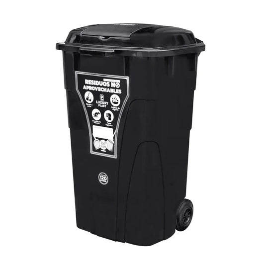 Contenedor de basura Luxury Plast Negro de 120 litros con ruedas, doble tapa y etiqueta de riesgo biológico.
