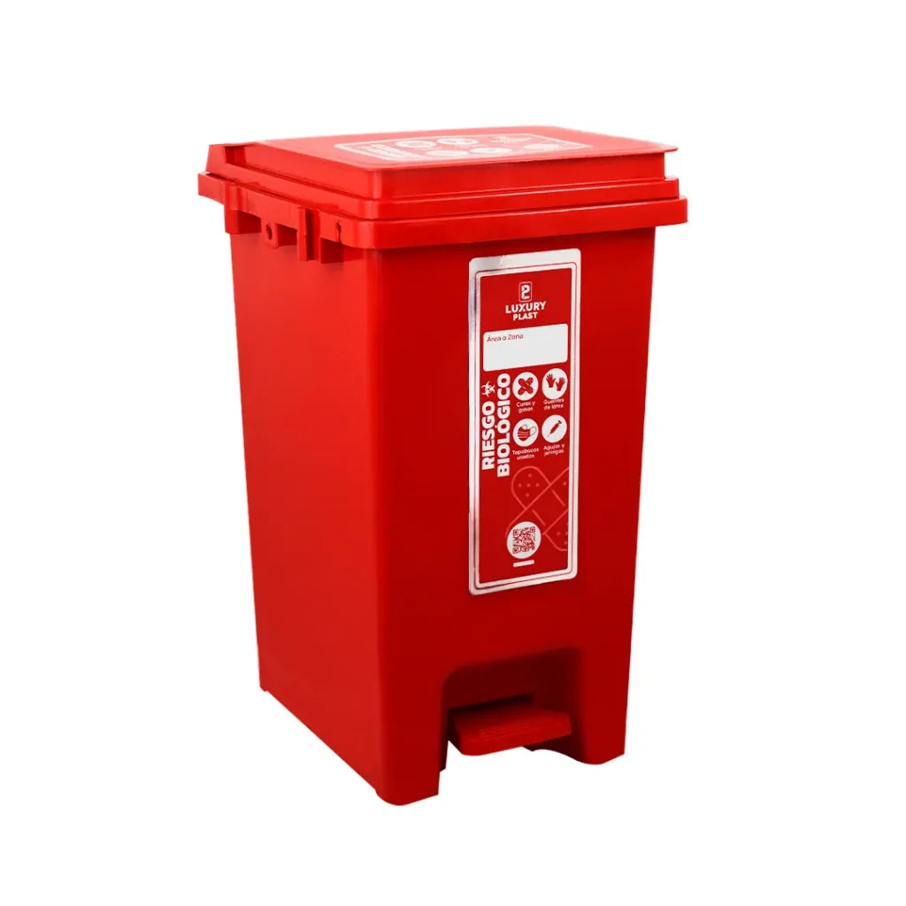 Caneca Luxury Plast Rojo de 20 litros con tapa, pedal y autoenganche para residuos aprovechables.